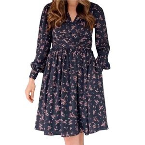 Gal Meets Glam Navy Floral Long Sleeve Fit-and-Flare Dress